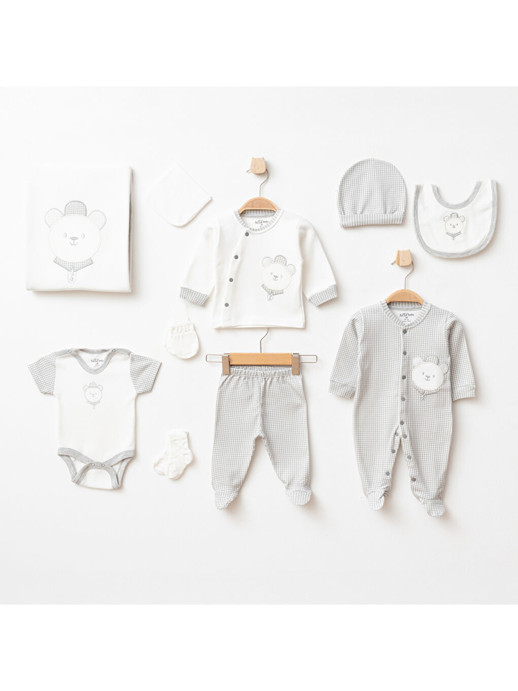Gri Erkek Bebek Ayı Nakışlı 10' Lu Hastane Çıkış Seti 0 Ay - 3 Ay