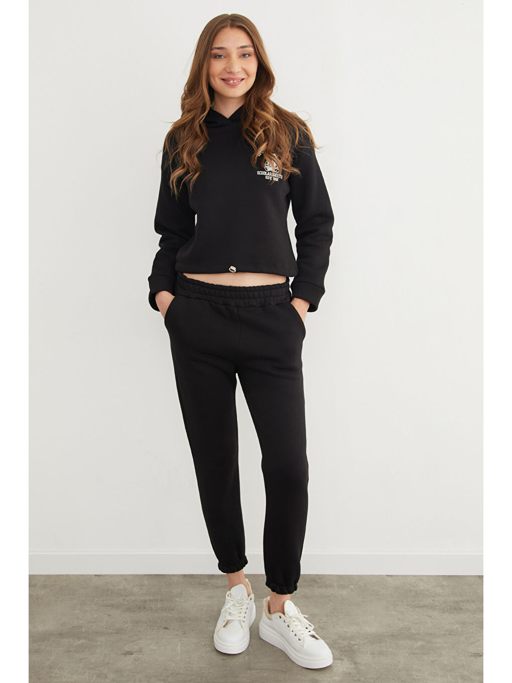 Siyah 3 İplik Ayıcık Nakışlı Kapüşonlu Jogger Takım