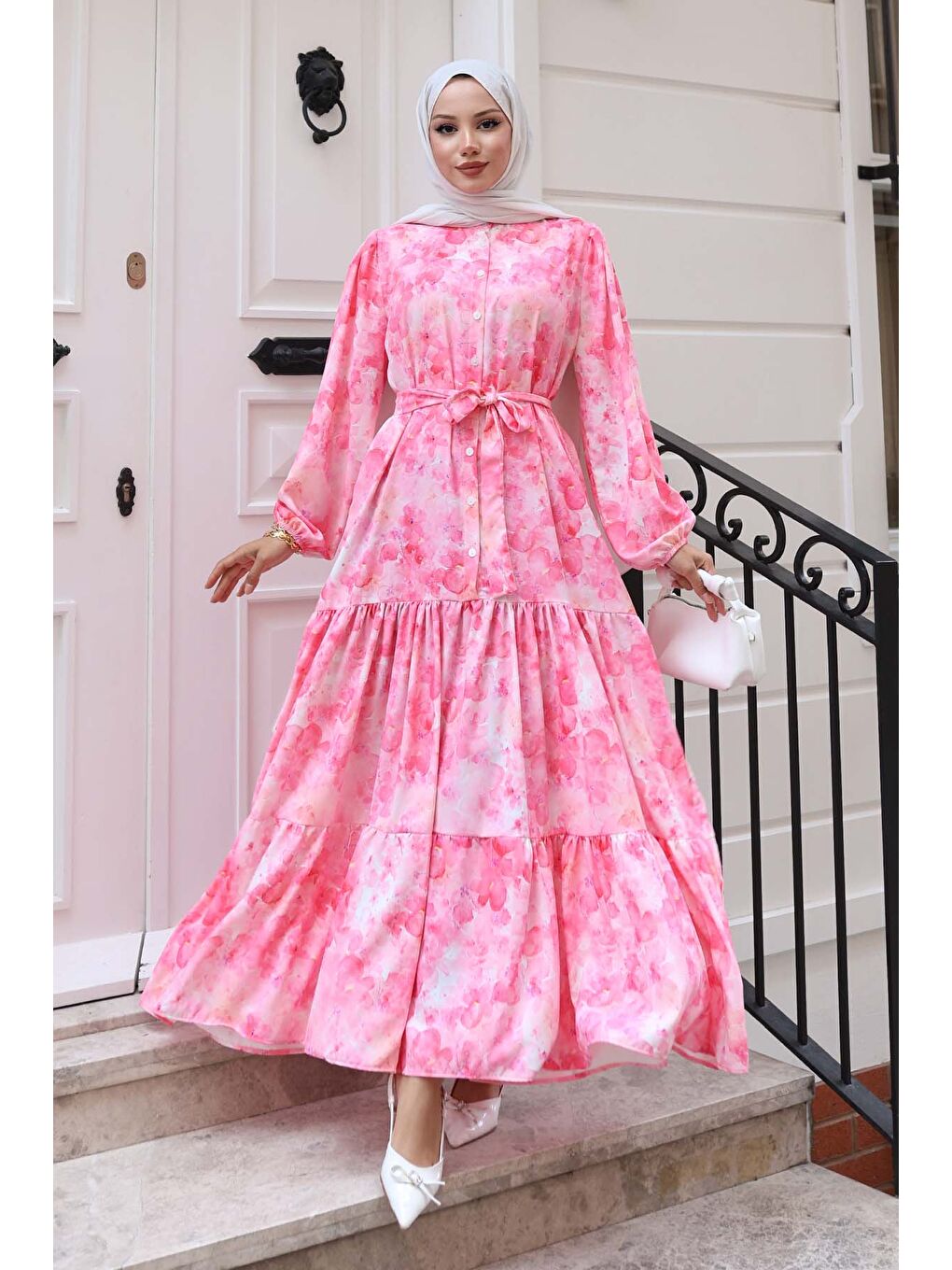 Kadın Desenli Uzun Tesettür Elbise 2586 - Y.Pembe-2