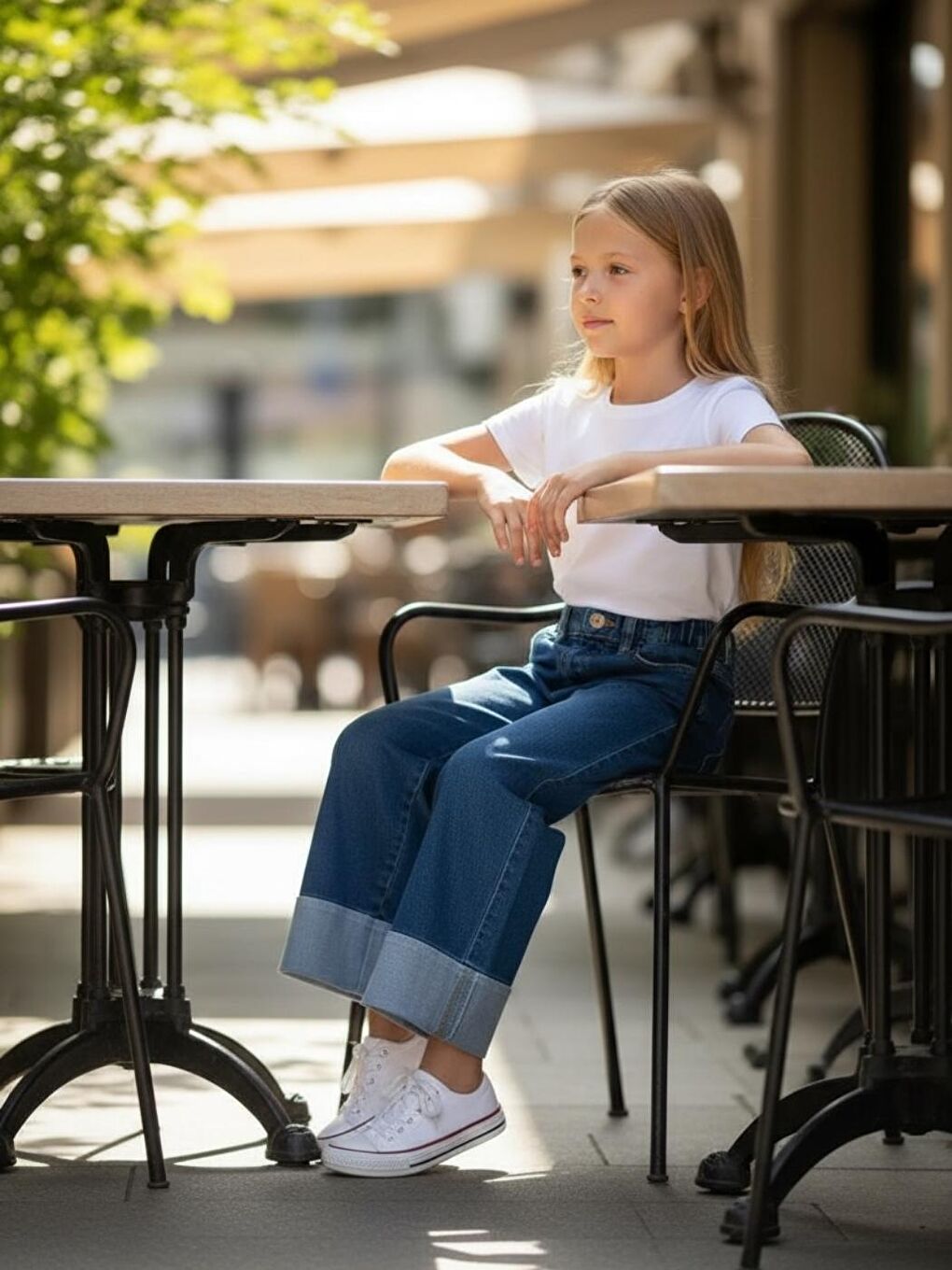 Kız Çocuk  Mavi Mid Rise Metalik Cuffed Baggy Jean Pantolon-2