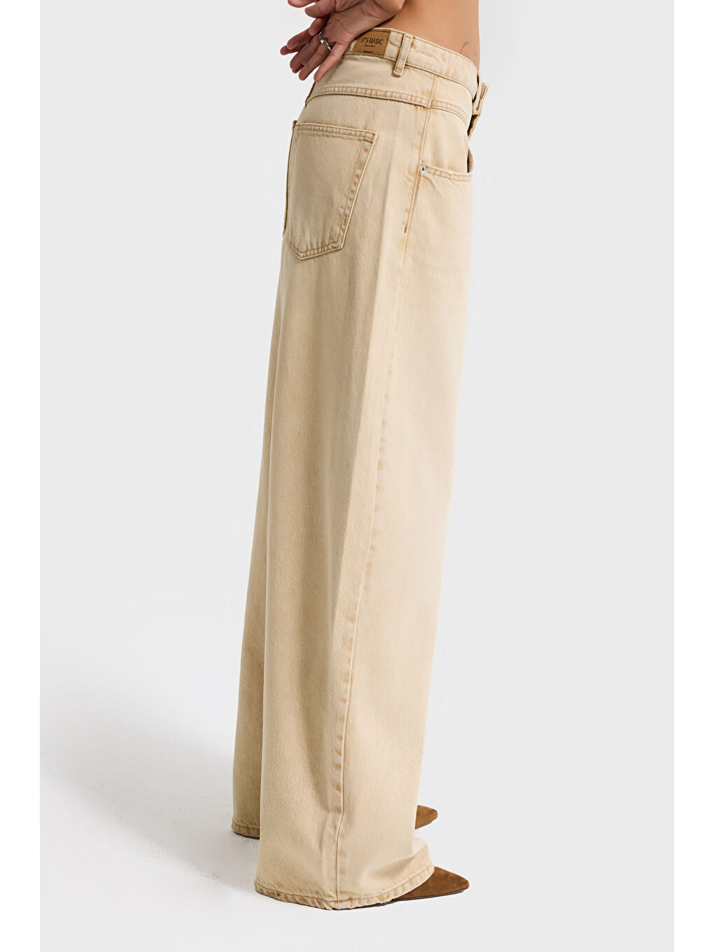 Kadın Bej Taş Renk 4w5-142 Low Rise Palazzo Fit %100 Pamuk Denim Jean-1