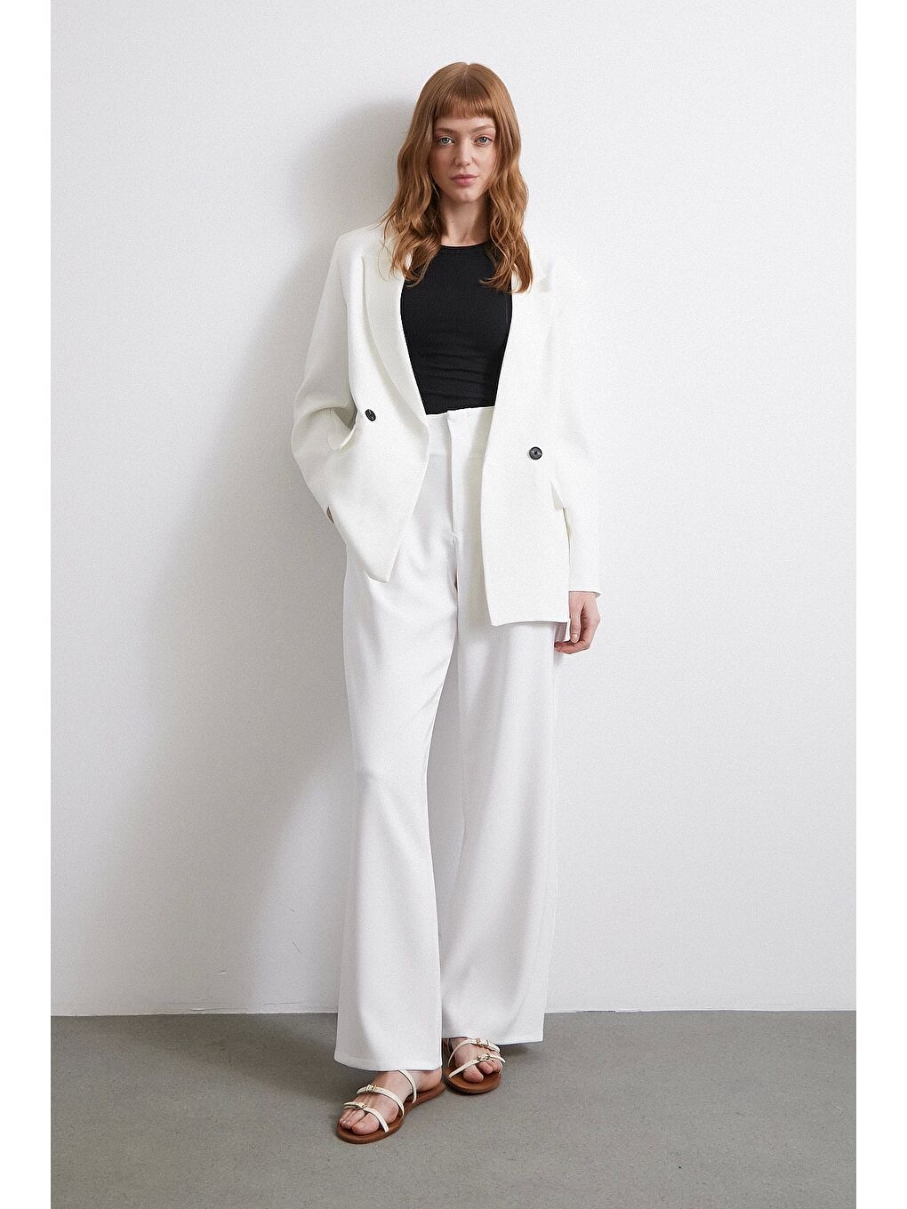 Never More Bel Detaylı Wide Leg Pantolon Ekru - 1