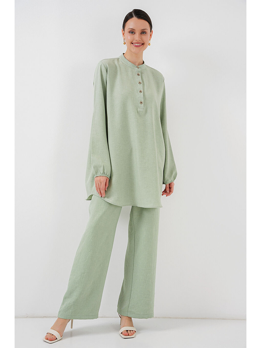 6678 Keten Tunik Pantolon İkili Takım - E.Yeşil-1