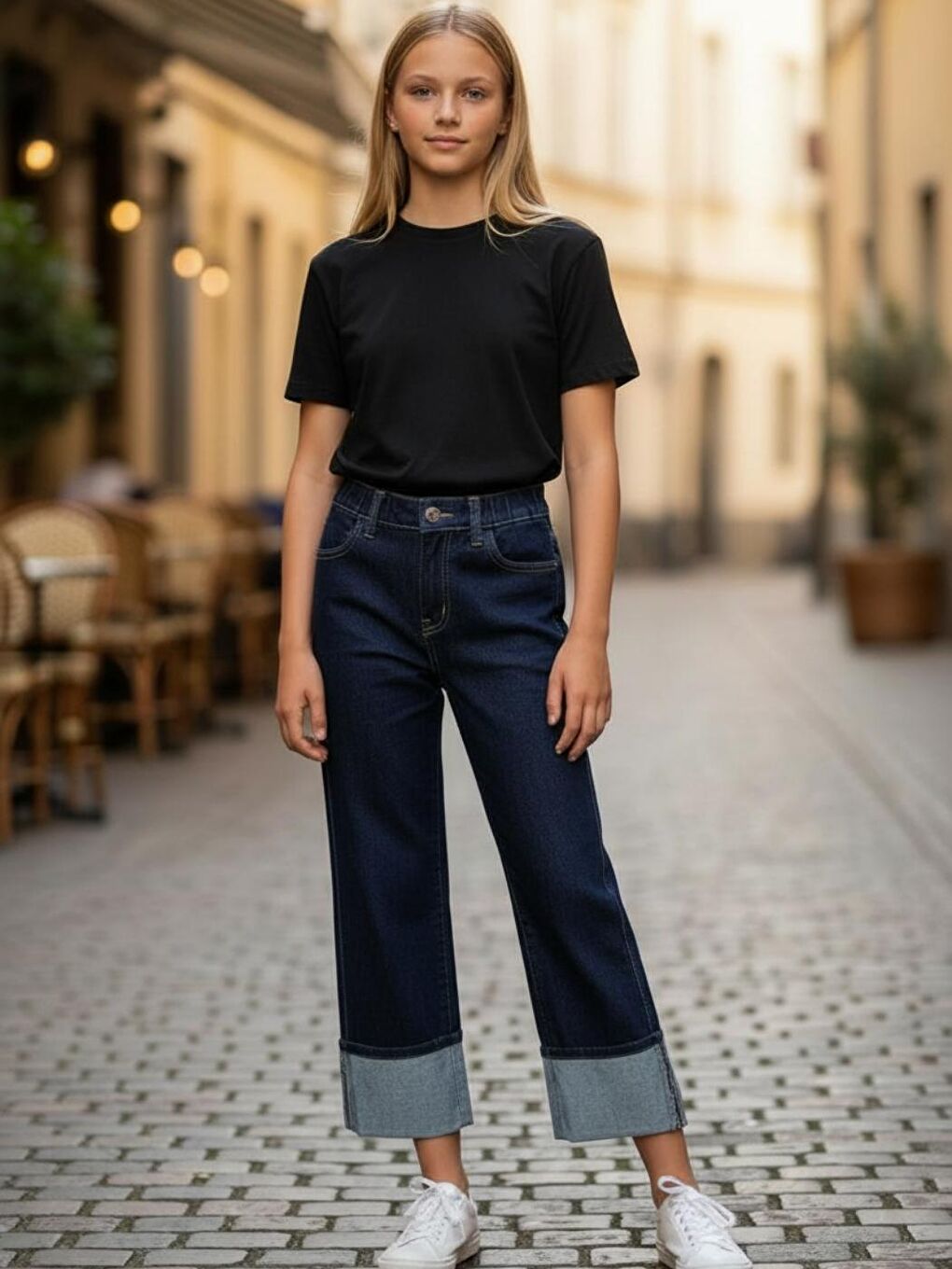 Kız Çocuk Elastanlı Koyu Mavi Mid Rise Metalik Cuffed Baggy Jean Pantolon