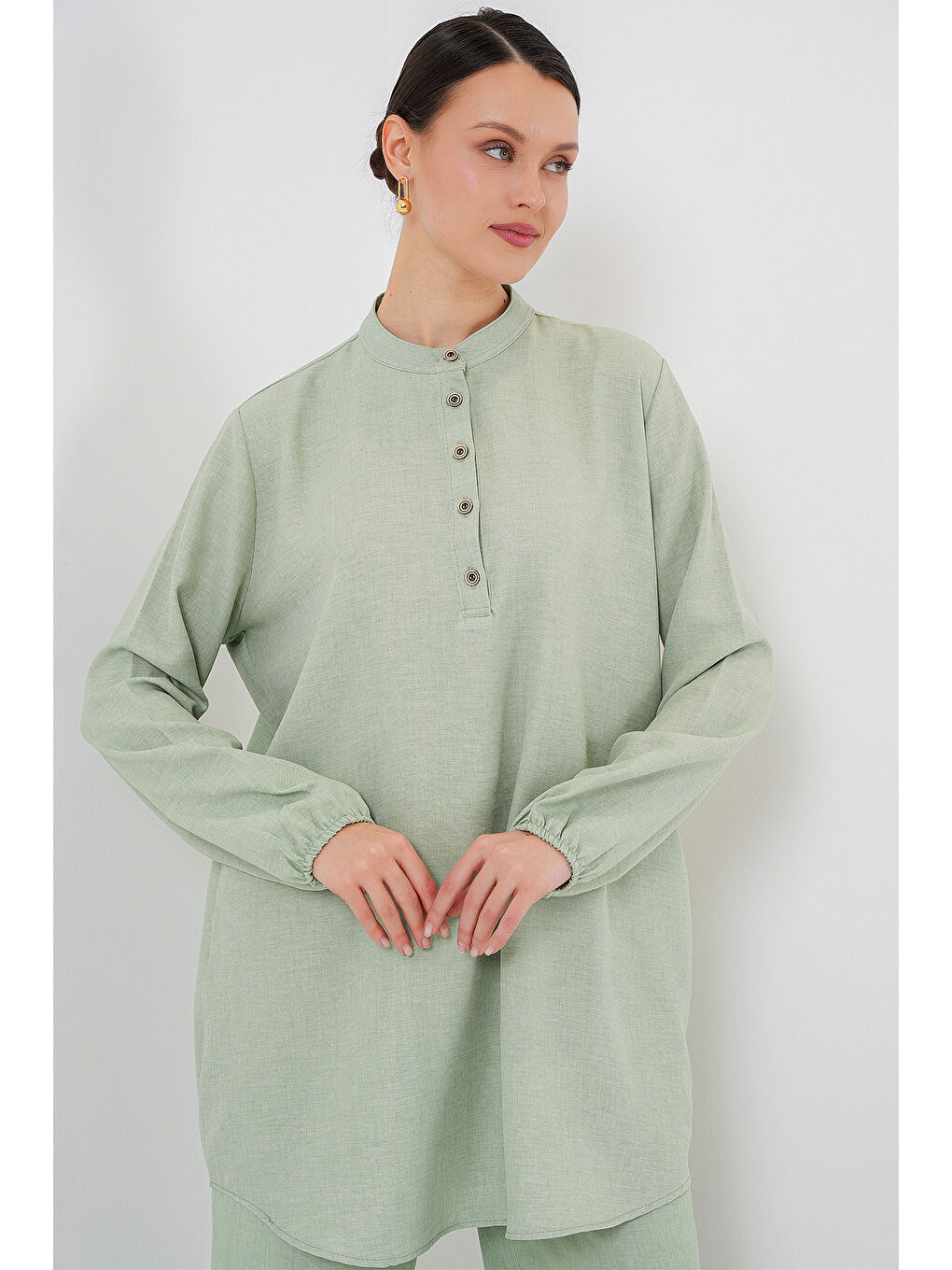 6678 Keten Tunik Pantolon İkili Takım - E.Yeşil-2