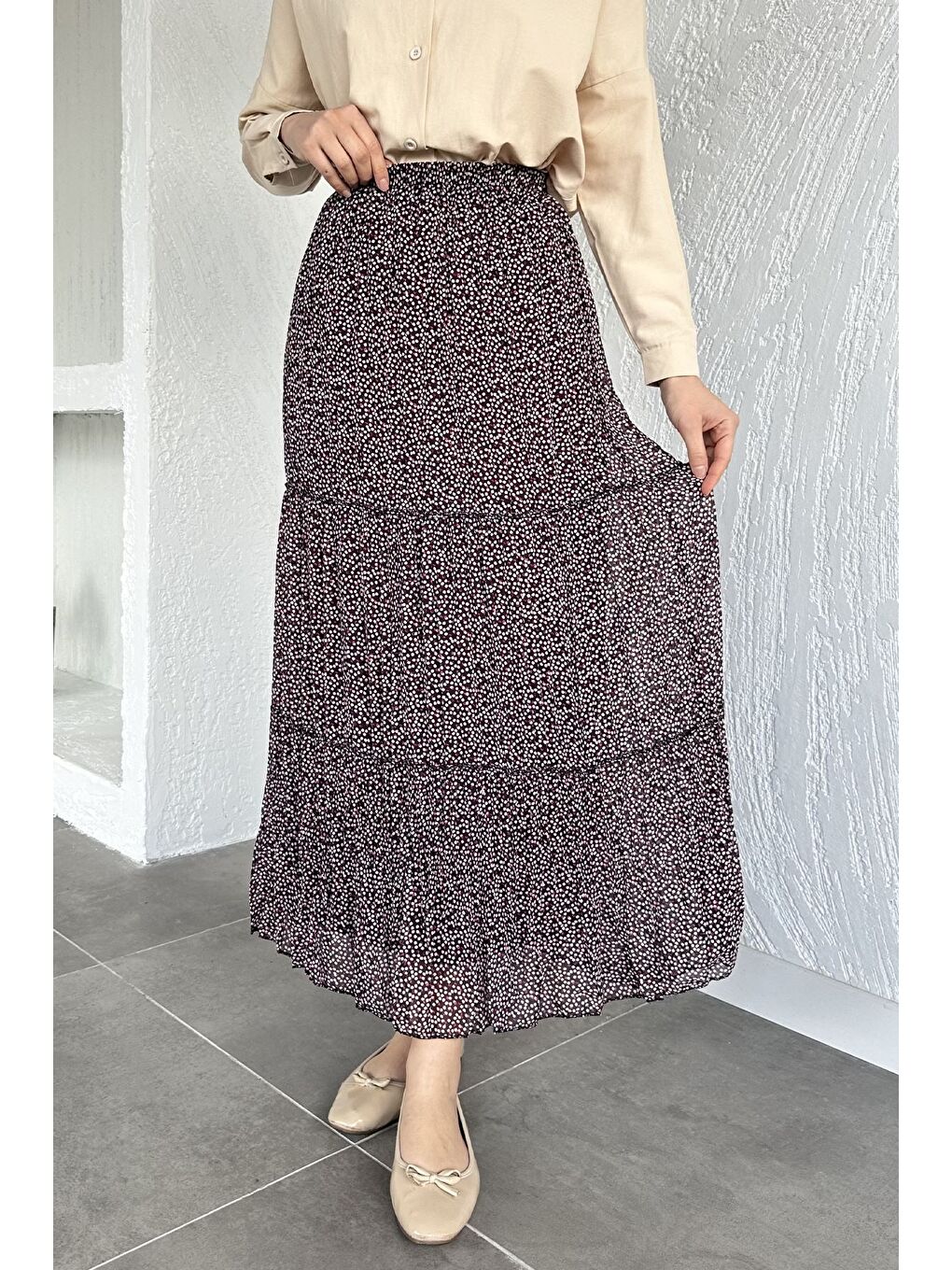 Bordo Bel Lastikli Desenli Şifon Tesettür Etek-3