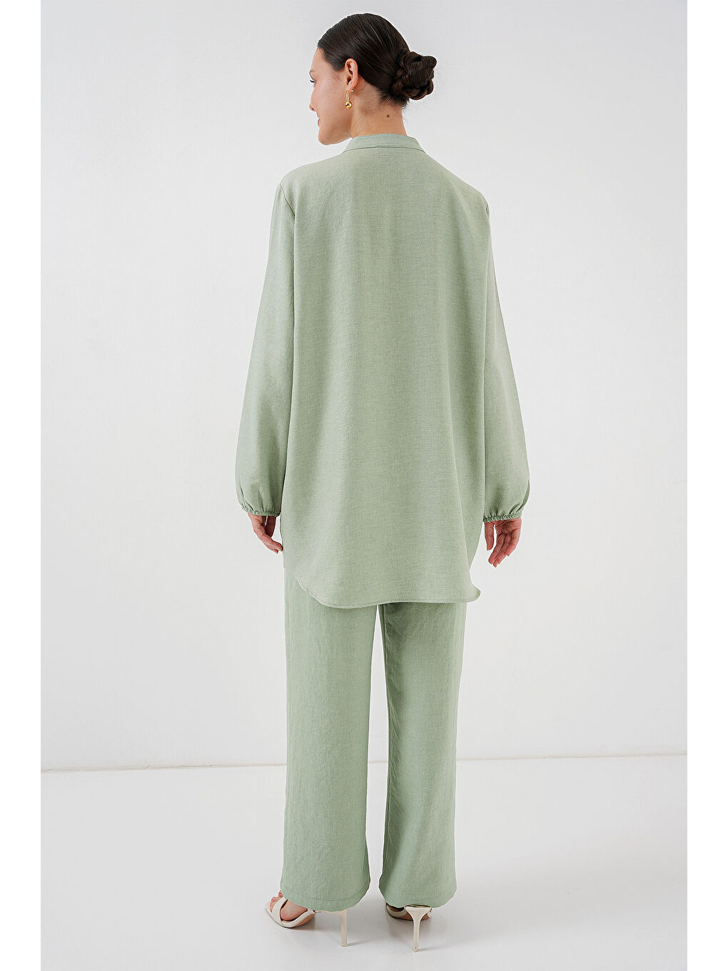 6678 Keten Tunik Pantolon İkili Takım - E.Yeşil-4