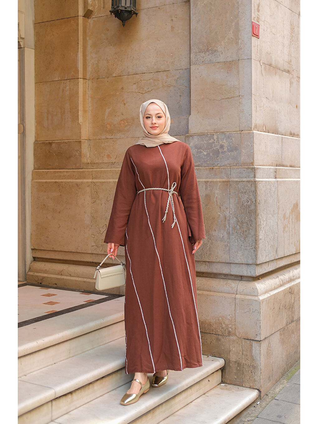 Kadın Hasır Kemerli Elbise Kahverengi-1