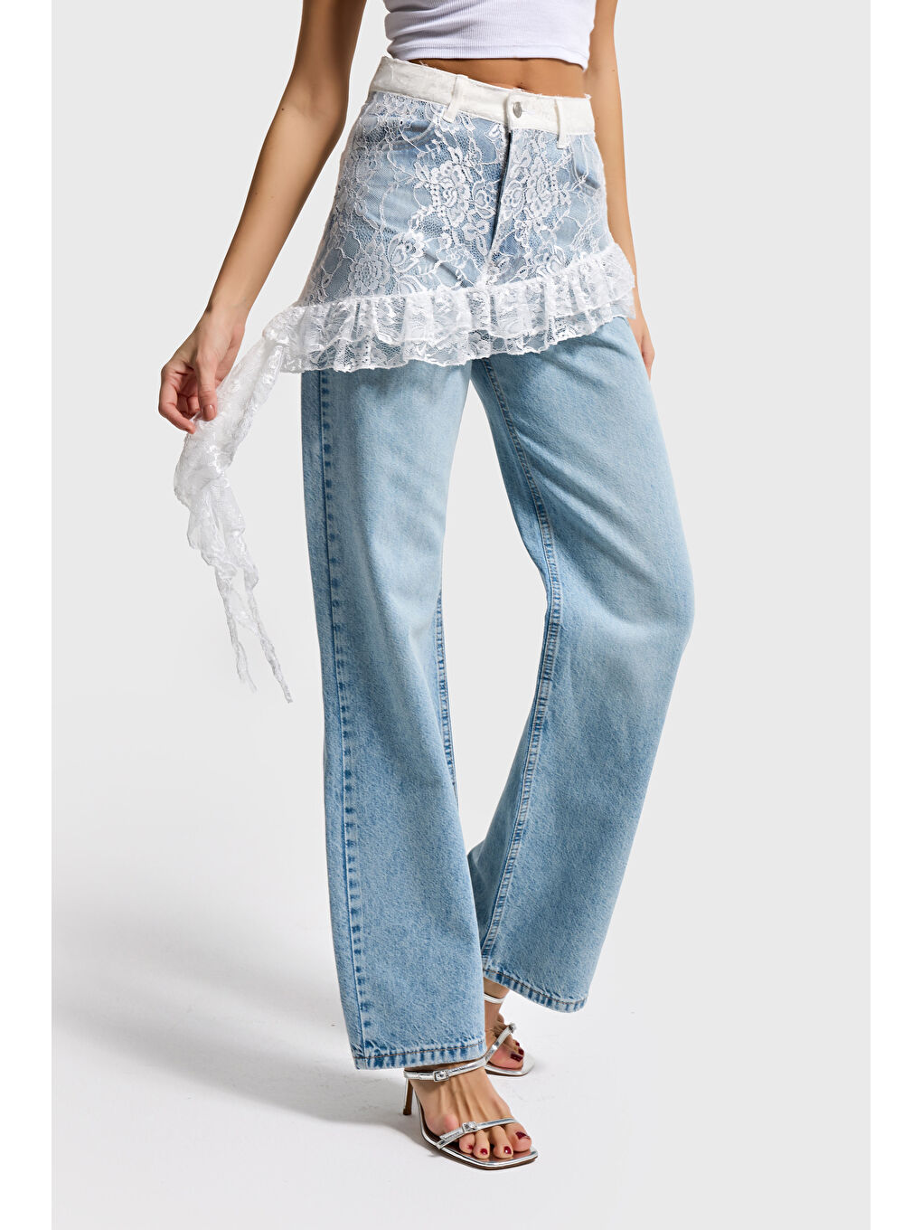 Mavi Kadın Ice Jean Rengi 4s5-99 Straight Fit %100 Pamuk Dantel Detaylı Etek Özel Tasarım Denim Jean