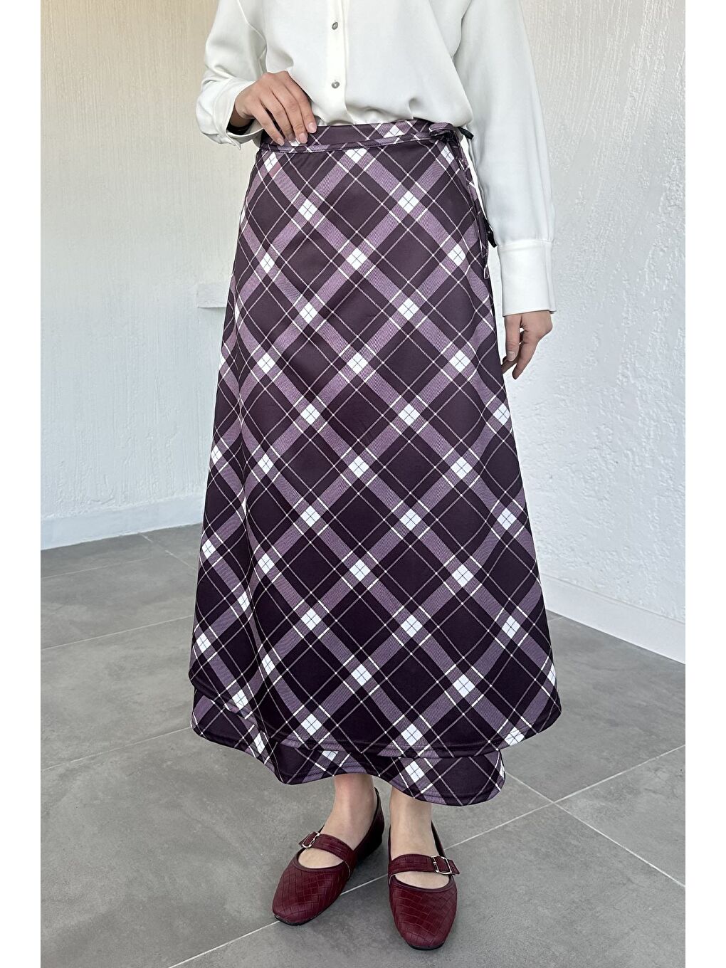 Mürdüm Kadın Ekoseli Bağlamalı Tesettür Etek-2