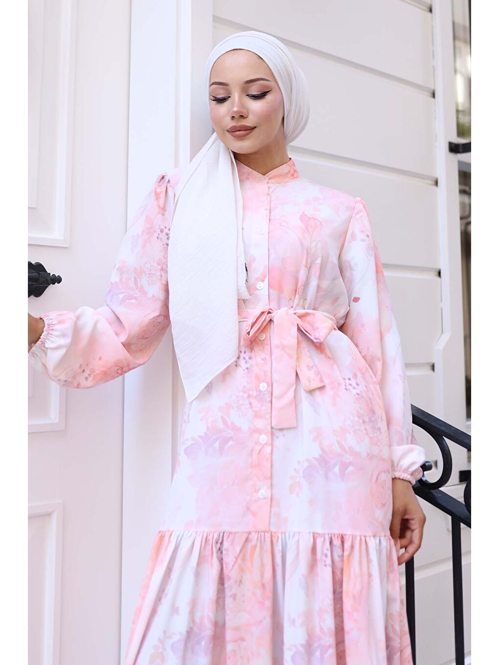 Pembe Kadın Desenli Uzun Tesettür Elbise 2586 - Pudra-1