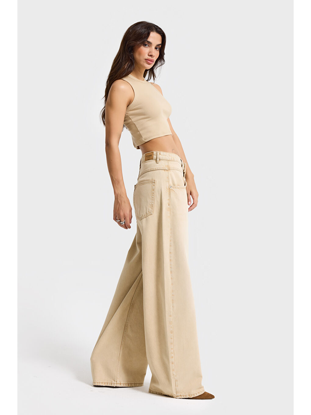 Kadın Bej Taş Renk 4w5-142 Low Rise Palazzo Fit %100 Pamuk Denim Jean-2
