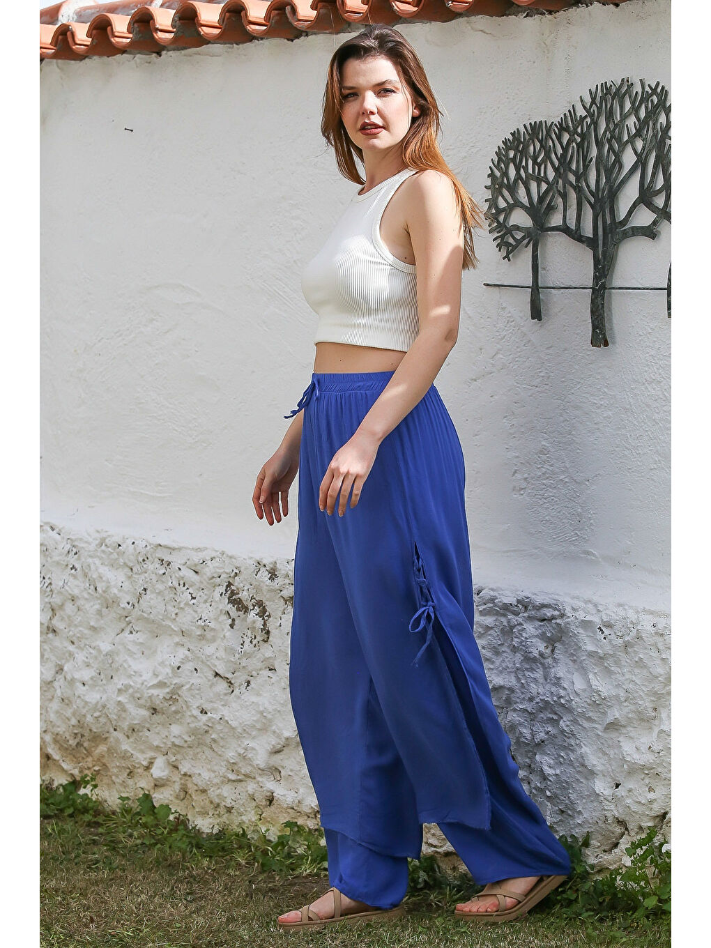 Mavi İnce Astarlı Yanları Bağlamalı Lastikli Ve Bağlamalı Bel Geniş Paça Dokuma Pantolon 110 58-5