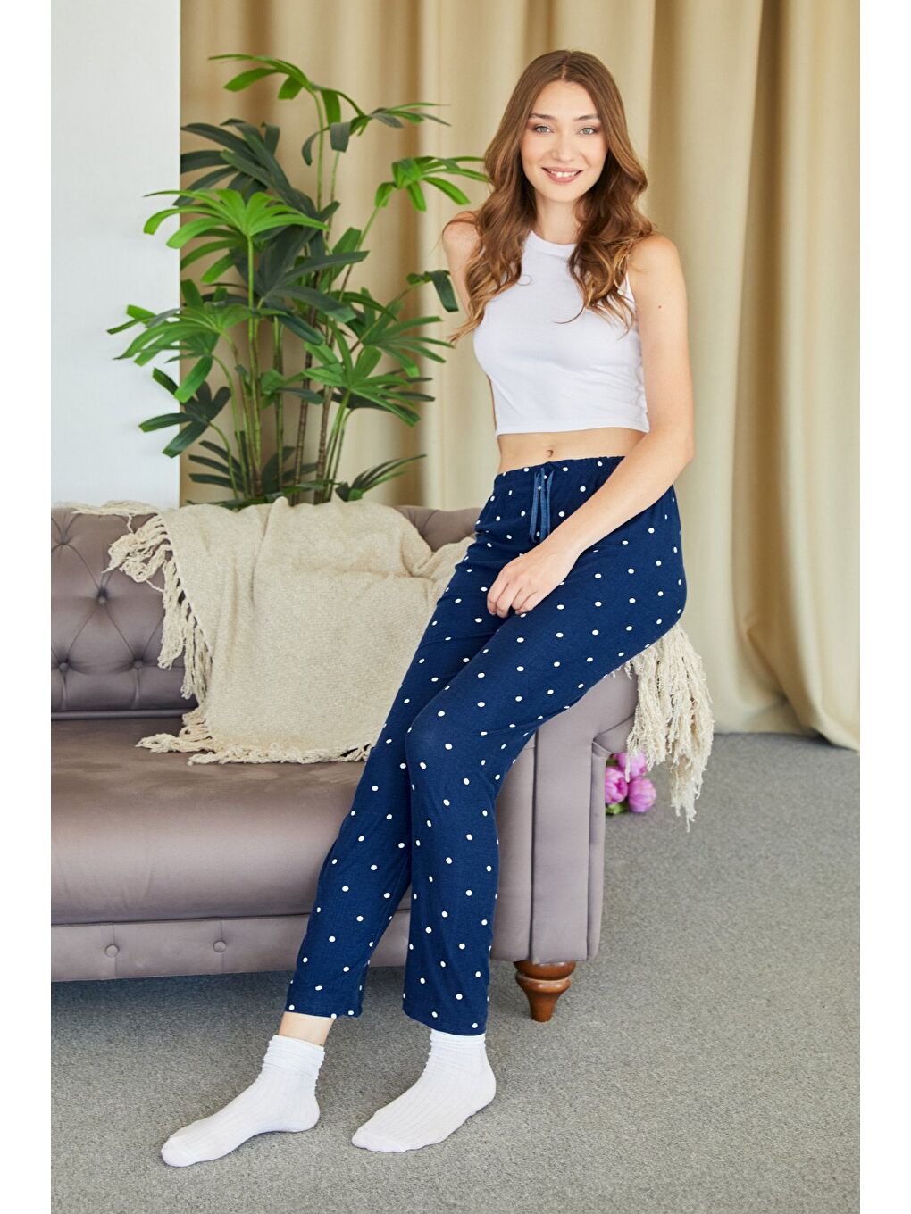 Lacivert Kalp Desenli Süet Pijama Altı