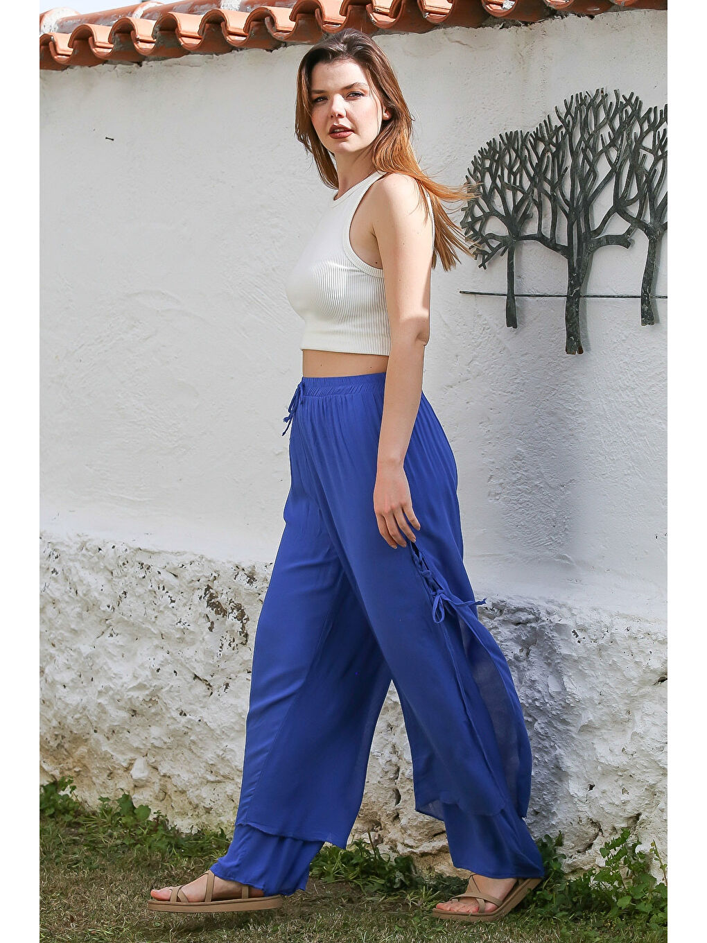 Mavi İnce Astarlı Yanları Bağlamalı Lastikli Ve Bağlamalı Bel Geniş Paça Dokuma Pantolon 110 58-6