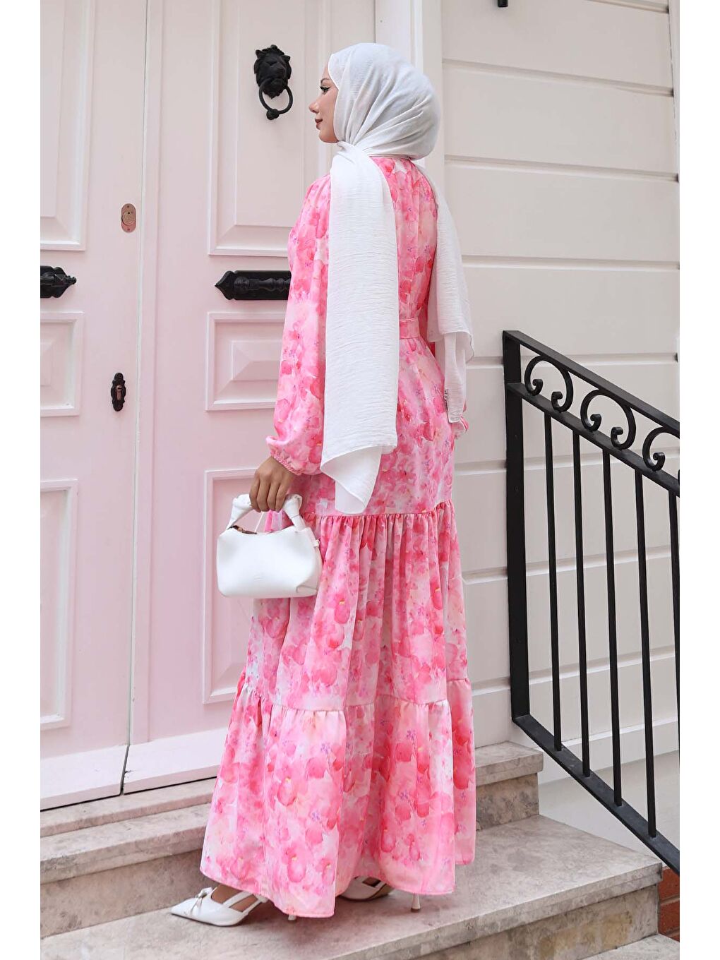 Kadın Desenli Uzun Tesettür Elbise 2586 - Y.Pembe-4