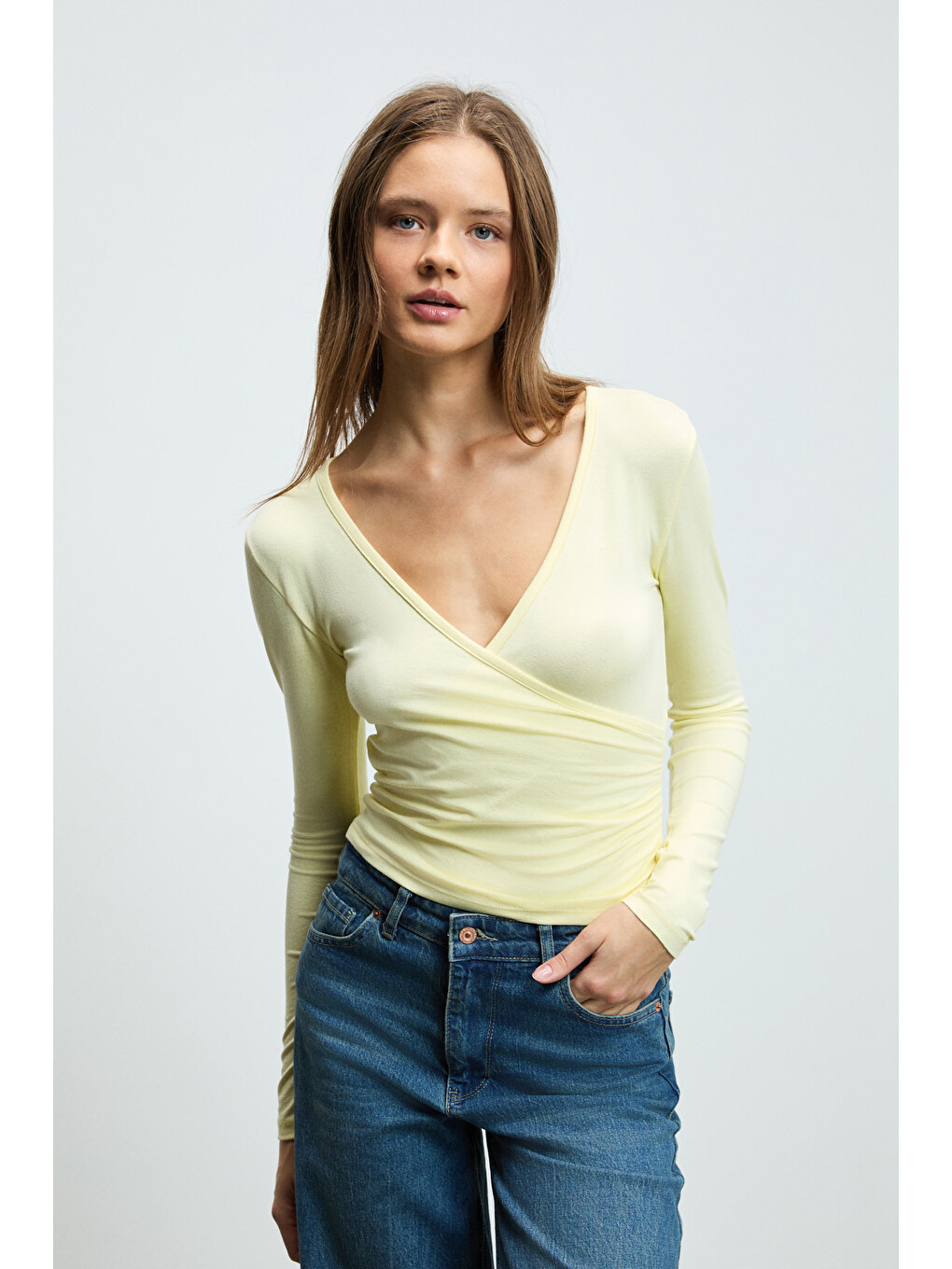 Callorıa Kadın V Yakalı Uzun Kollu Slim Fit Sarı Bluz-2