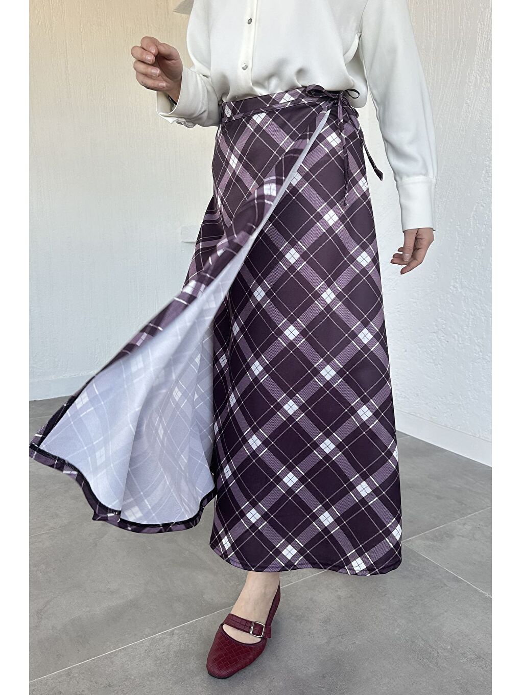 Mürdüm Kadın Ekoseli Bağlamalı Tesettür Etek-4