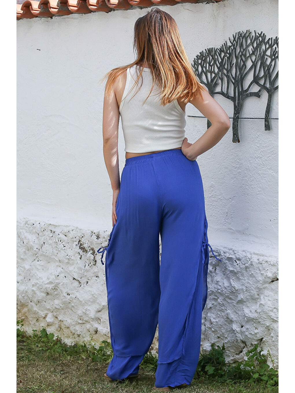 Mavi İnce Astarlı Yanları Bağlamalı Lastikli Ve Bağlamalı Bel Geniş Paça Dokuma Pantolon 110 58-8