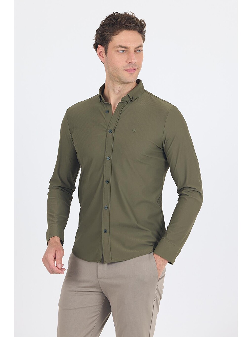 Koyu Haki Smart Düğmeli Yaka Uzun Kol Cepsiz Slim Fit Esnek Gömlek Gömlek 1004250252