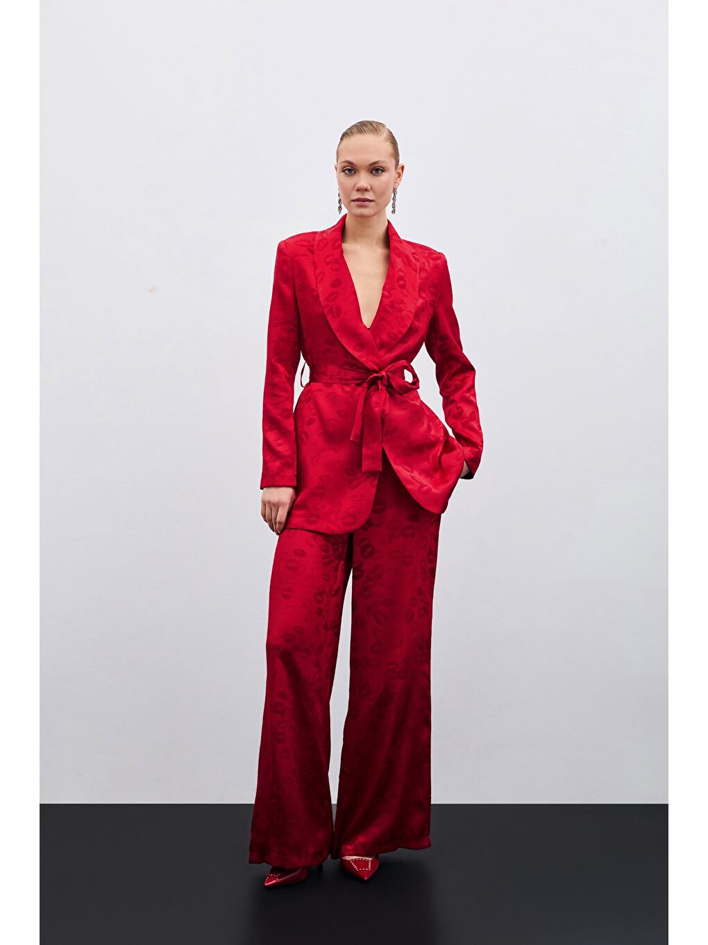 Bol Paça Desenli Pantolon - Kırmızı-2