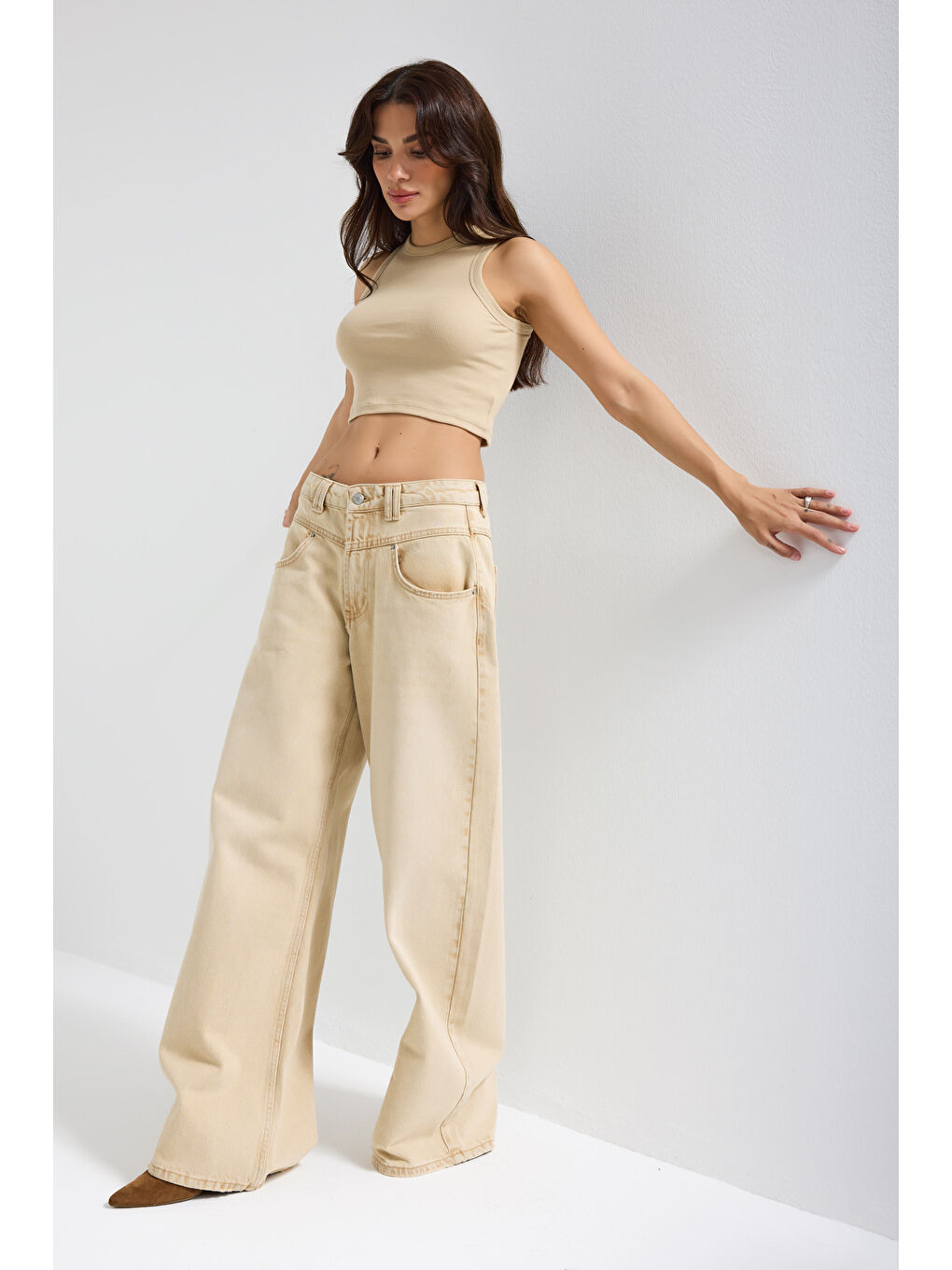 Kadın Bej Taş Renk 4w5-142 Low Rise Palazzo Fit %100 Pamuk Denim Jean-3