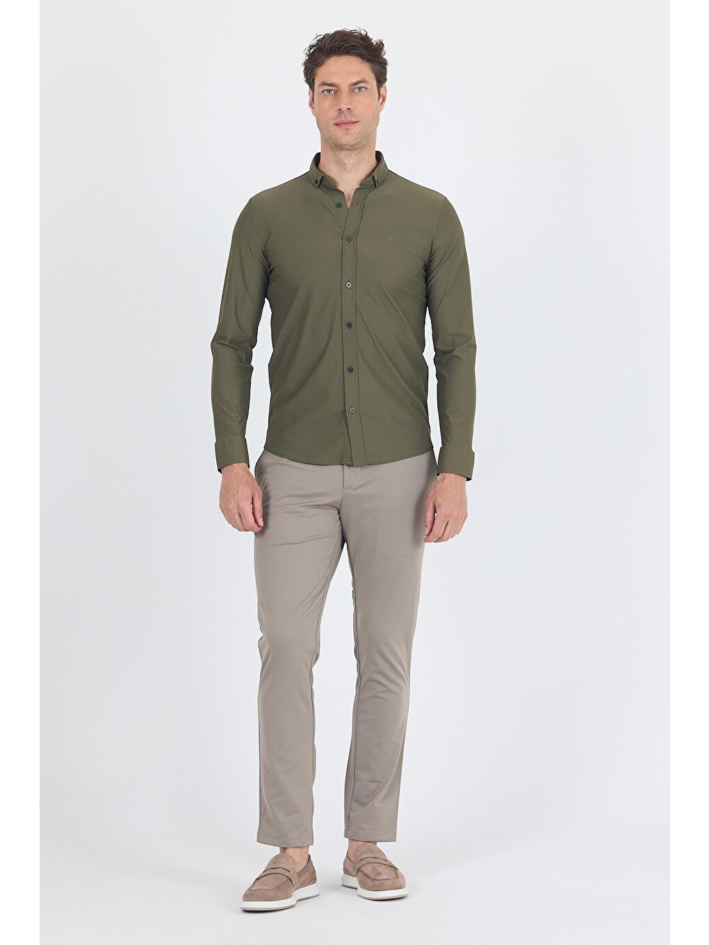 Koyu Haki Smart Düğmeli Yaka Uzun Kol Cepsiz Slim Fit Esnek Gömlek Gömlek 1004250252-1