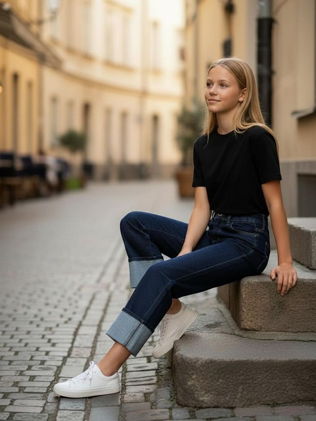 Kız Çocuk Elastanlı Koyu Mavi Mid Rise Metalik Cuffed Baggy Jean Pantolon-1