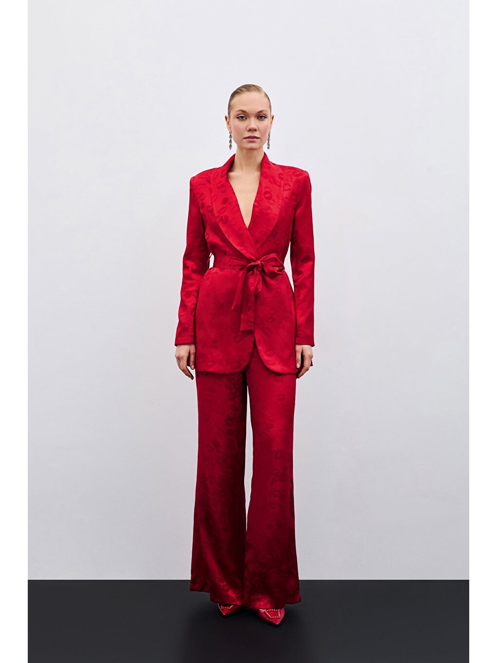 Bol Paça Desenli Pantolon - Kırmızı-3