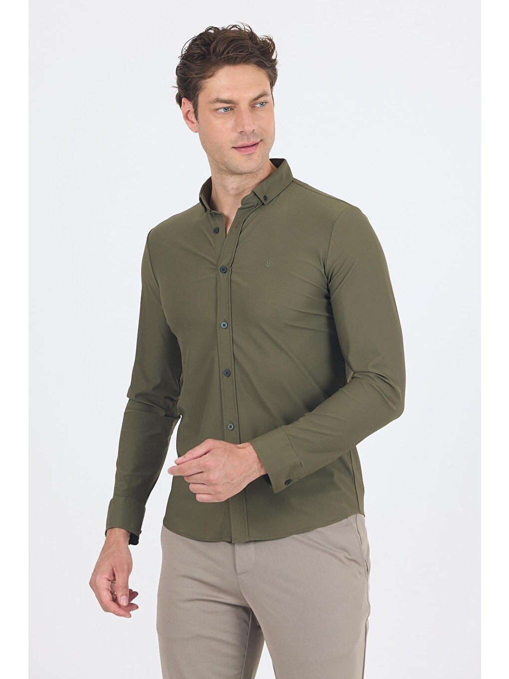 Koyu Haki Smart Düğmeli Yaka Uzun Kol Cepsiz Slim Fit Esnek Gömlek Gömlek 1004250252-2