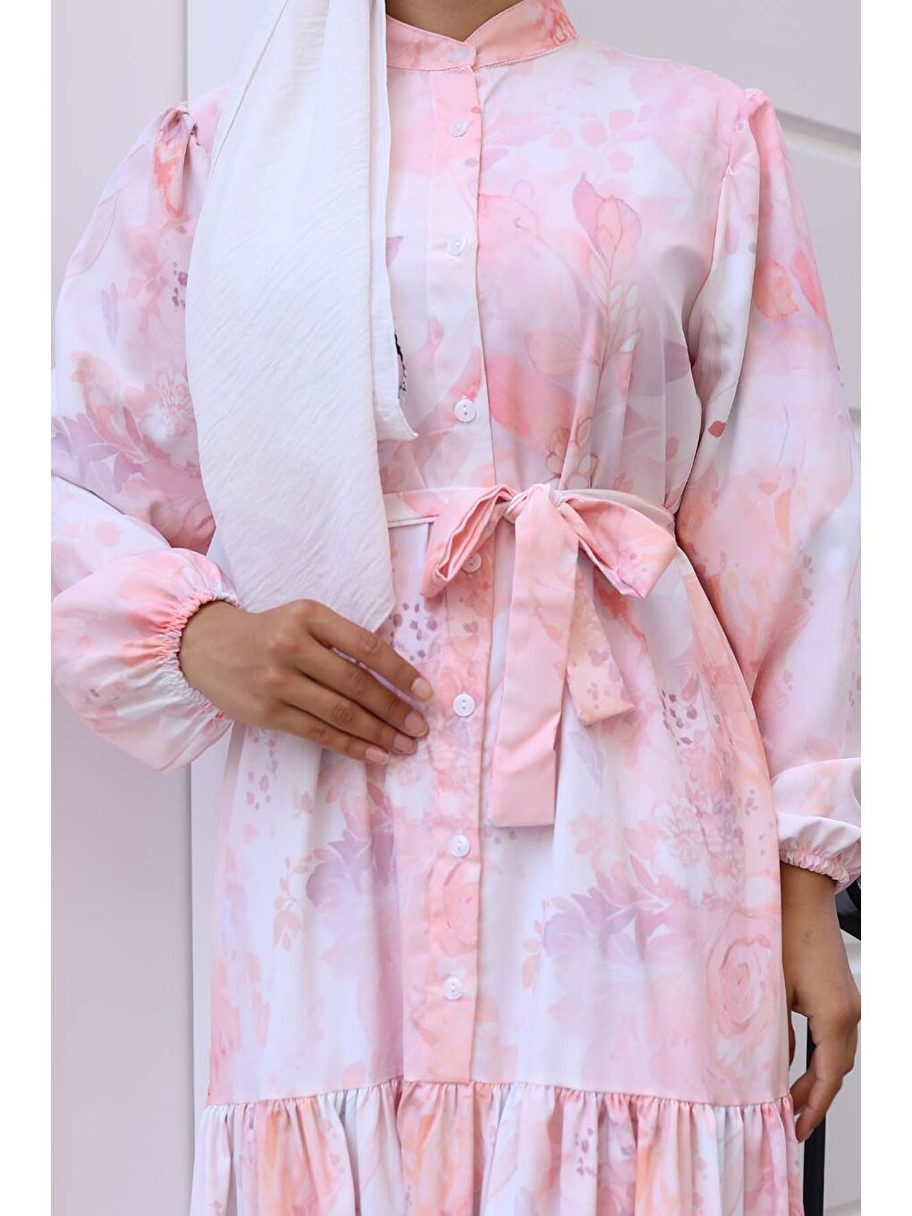 Pembe Kadın Desenli Uzun Tesettür Elbise 2586 - Pudra-2