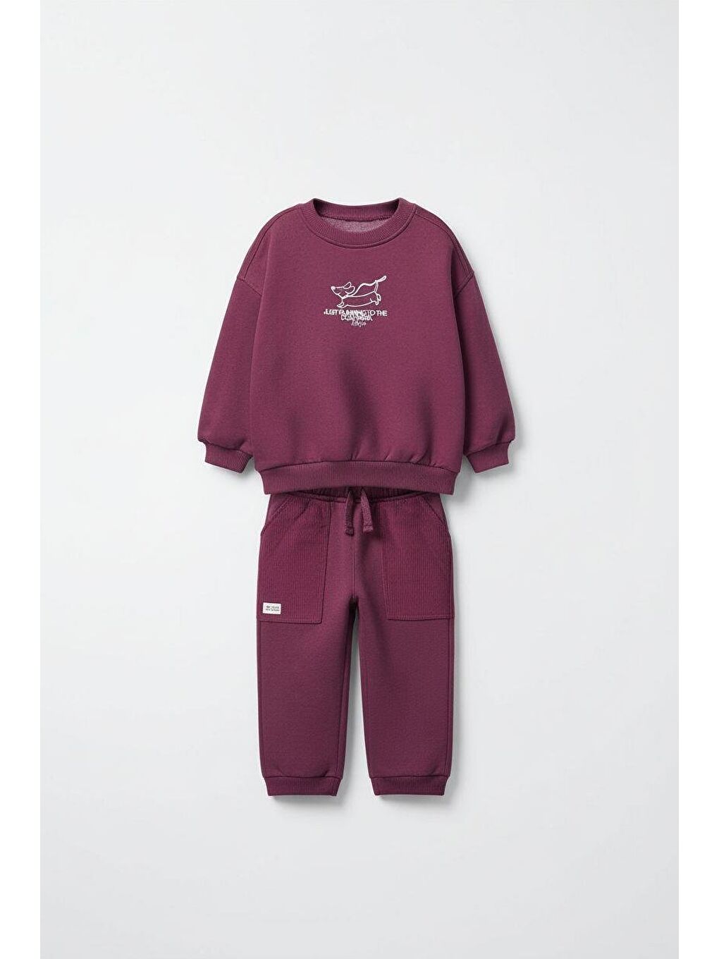 Karışık Unisex Çocuk Pamuklu Mürdüm Köpek Baskılı Eşofman Takımı - Rahat Kesim, Cepli Alt