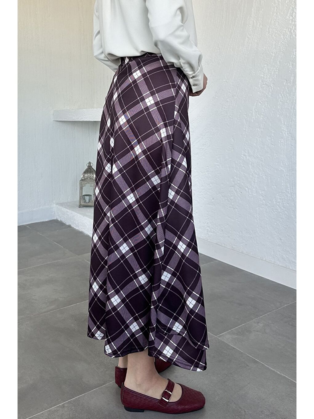 Mürdüm Kadın Ekoseli Bağlamalı Tesettür Etek-7