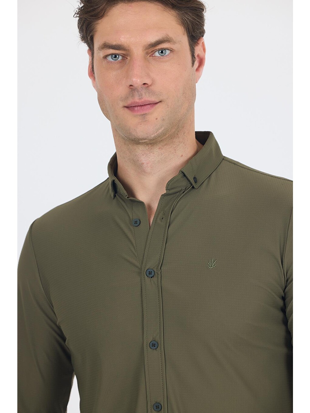 Koyu Haki Smart Düğmeli Yaka Uzun Kol Cepsiz Slim Fit Esnek Gömlek Gömlek 1004250252-3