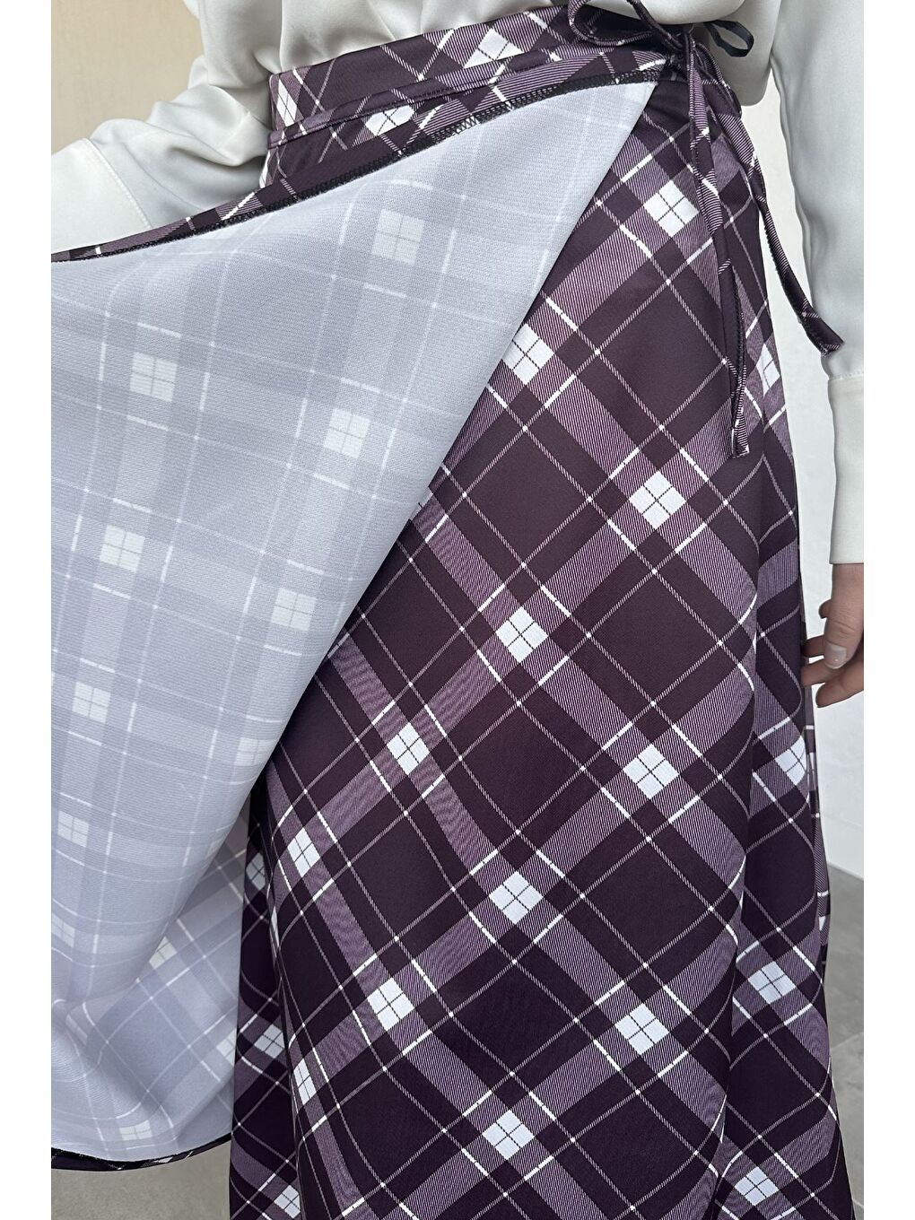 Mürdüm Kadın Ekoseli Bağlamalı Tesettür Etek-8