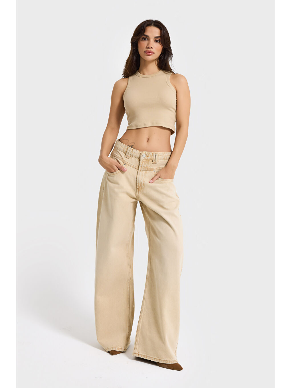Kadın Bej Taş Renk 4w5-142 Low Rise Palazzo Fit %100 Pamuk Denim Jean-4