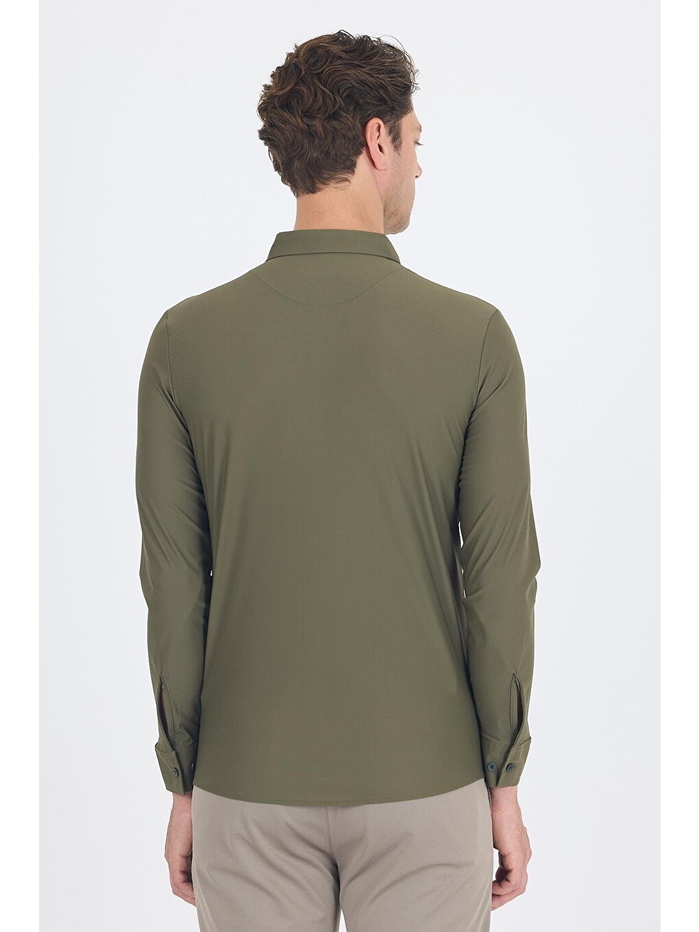 Koyu Haki Smart Düğmeli Yaka Uzun Kol Cepsiz Slim Fit Esnek Gömlek Gömlek 1004250252-4