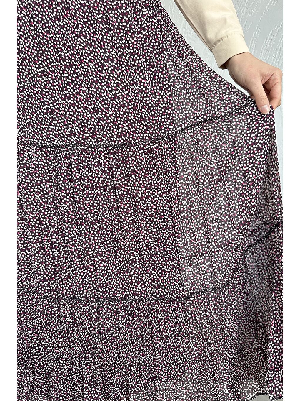 Bordo Bel Lastikli Desenli Şifon Tesettür Etek-6