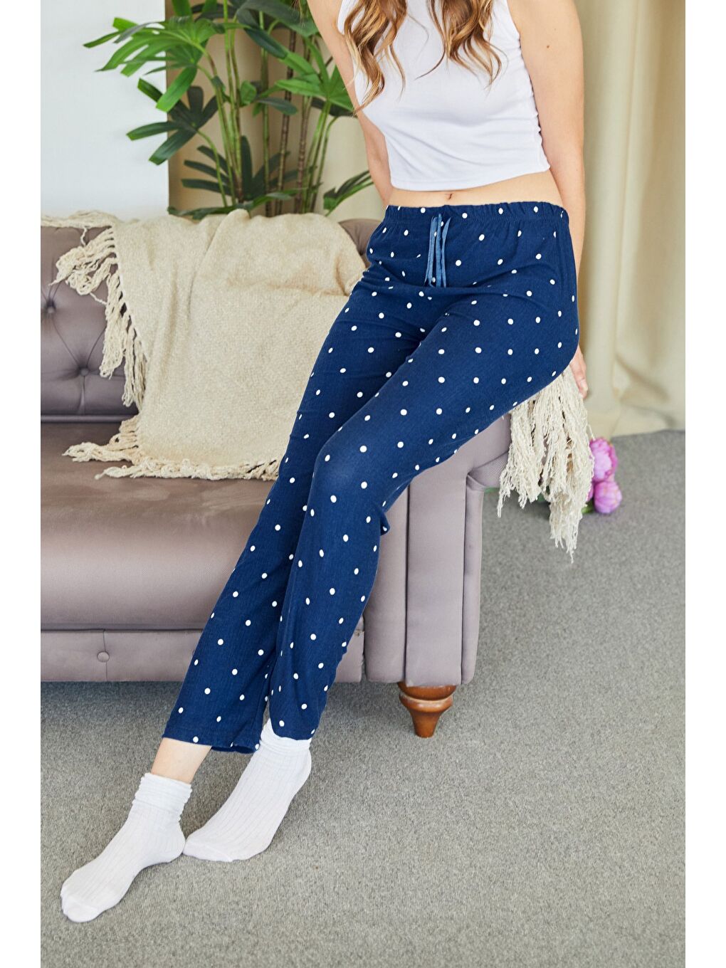 Lacivert Kalp Desenli Süet Pijama Altı-1