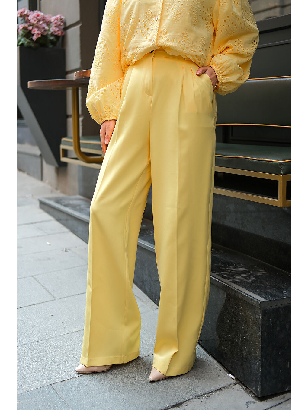 Kadın Yüksek Bel Palazzo Pantolon Sarı