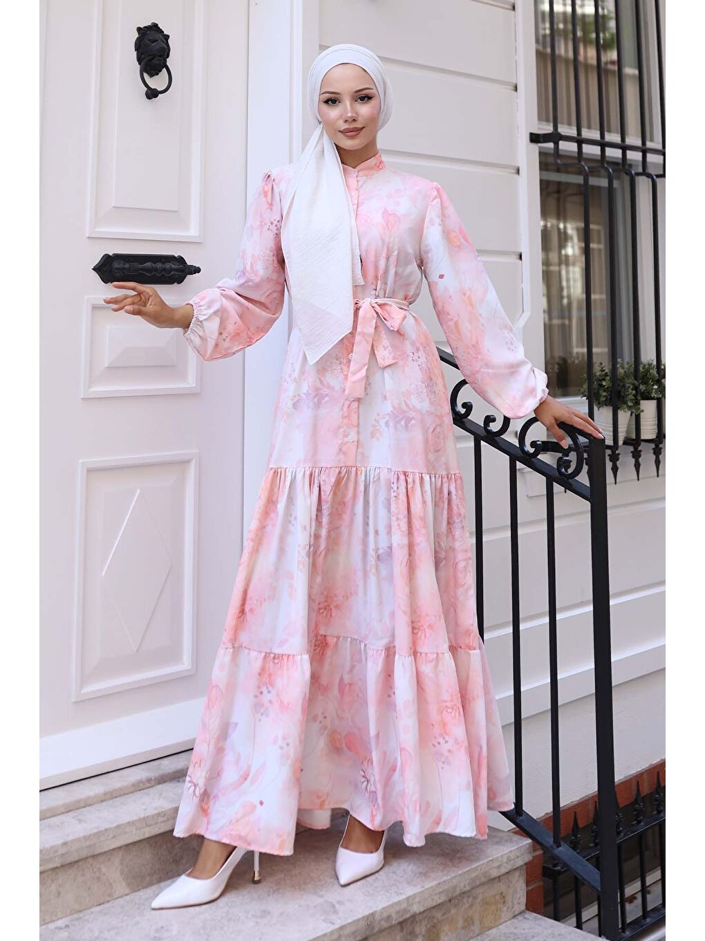 Pembe Kadın Desenli Uzun Tesettür Elbise 2586 - Pudra-3