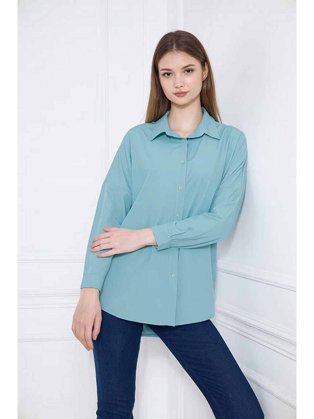Turkuaz Kadın Oversize Uzun Basic Açık Mavi Gömlek-1