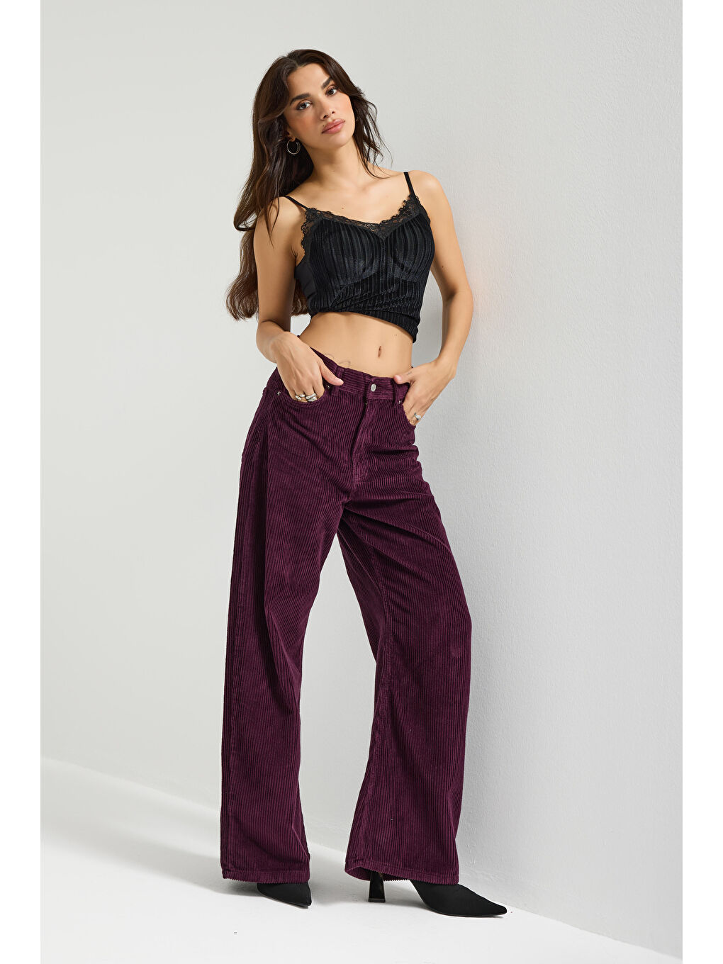 Kadın Mor Renk 26w5-111 Straight Fit Yüksek Bel Kalın Fitilli Velvet Kadife Kumaş Pantolon-2