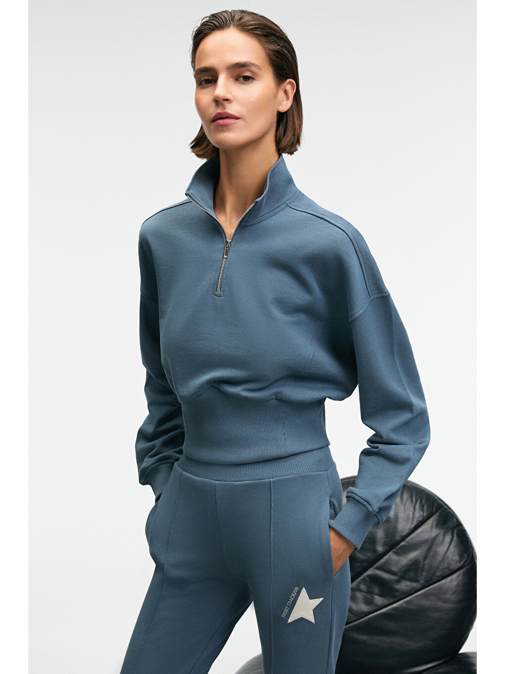 Thalıa Kadın Arka Baskılı Ve Patch Detaylı Fermuarlı Dik Yakalı Petrol-mavi Sweatshirt-3