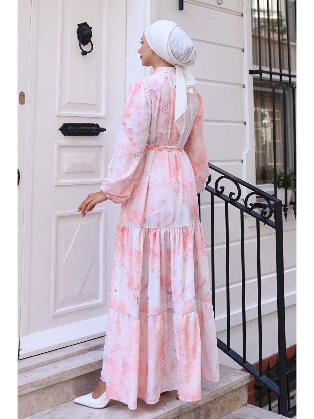 Pembe Kadın Desenli Uzun Tesettür Elbise 2586 - Pudra-4