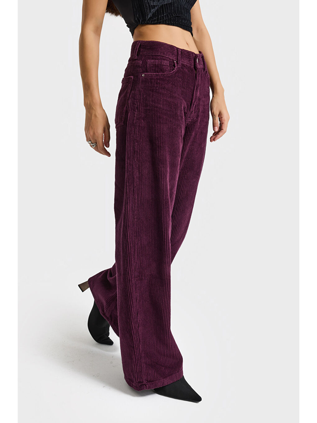 Kadın Mor Renk 26w5-111 Straight Fit Yüksek Bel Kalın Fitilli Velvet Kadife Kumaş Pantolon-3