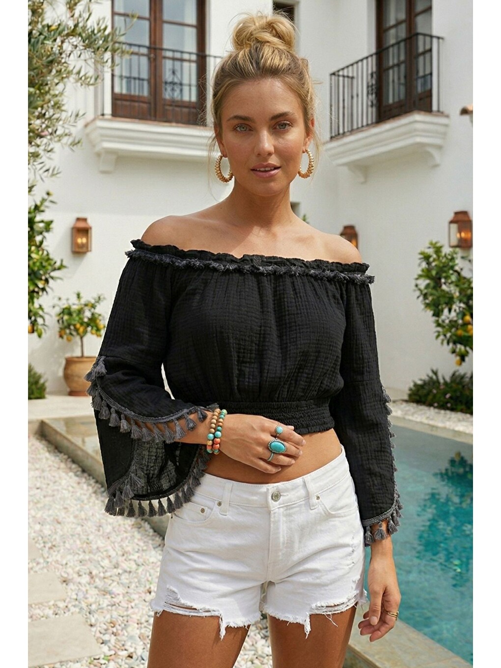 Siyah Carmen Yaka İspanyol Kol Püsküllü Lastikli Bel Casual Müslin Crop Dokuma Bluz 35 55-2