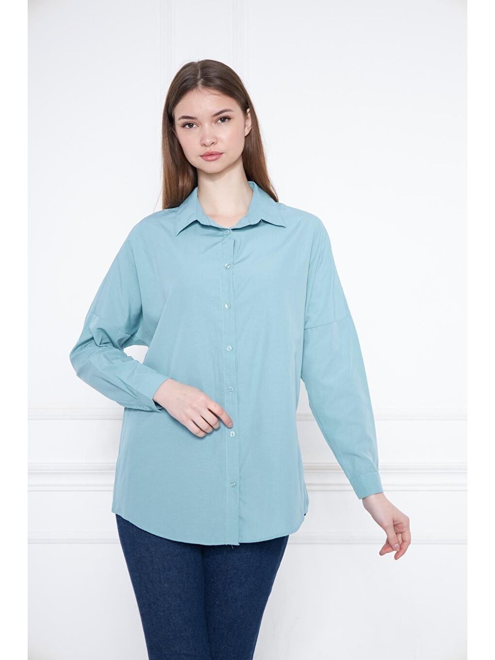Turkuaz Kadın Oversize Uzun Basic Açık Mavi Gömlek-2