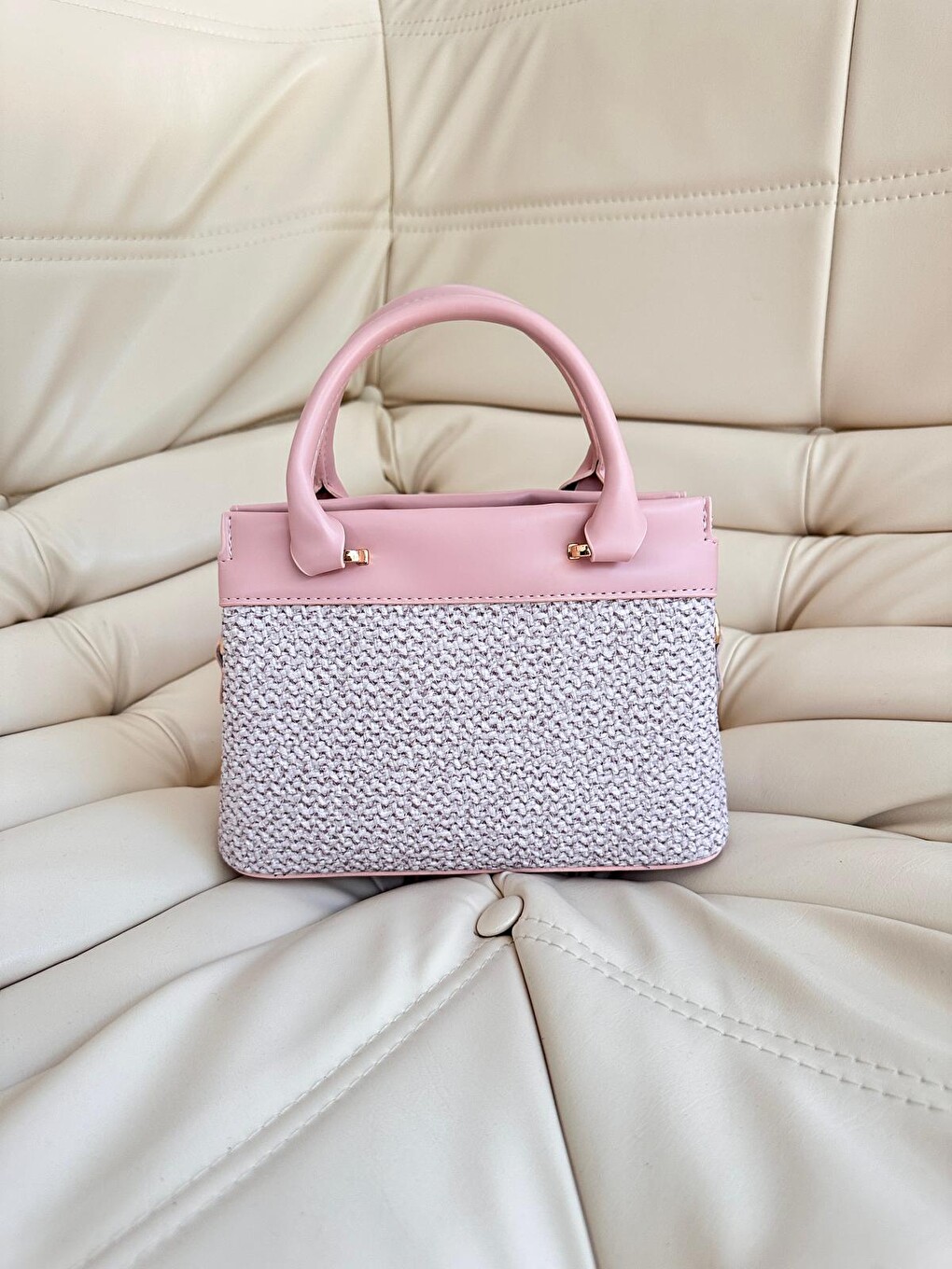 Pembe Sabit Askı Tasarımlı Kadın Çapraz Çanta Noir Keten Pudra
