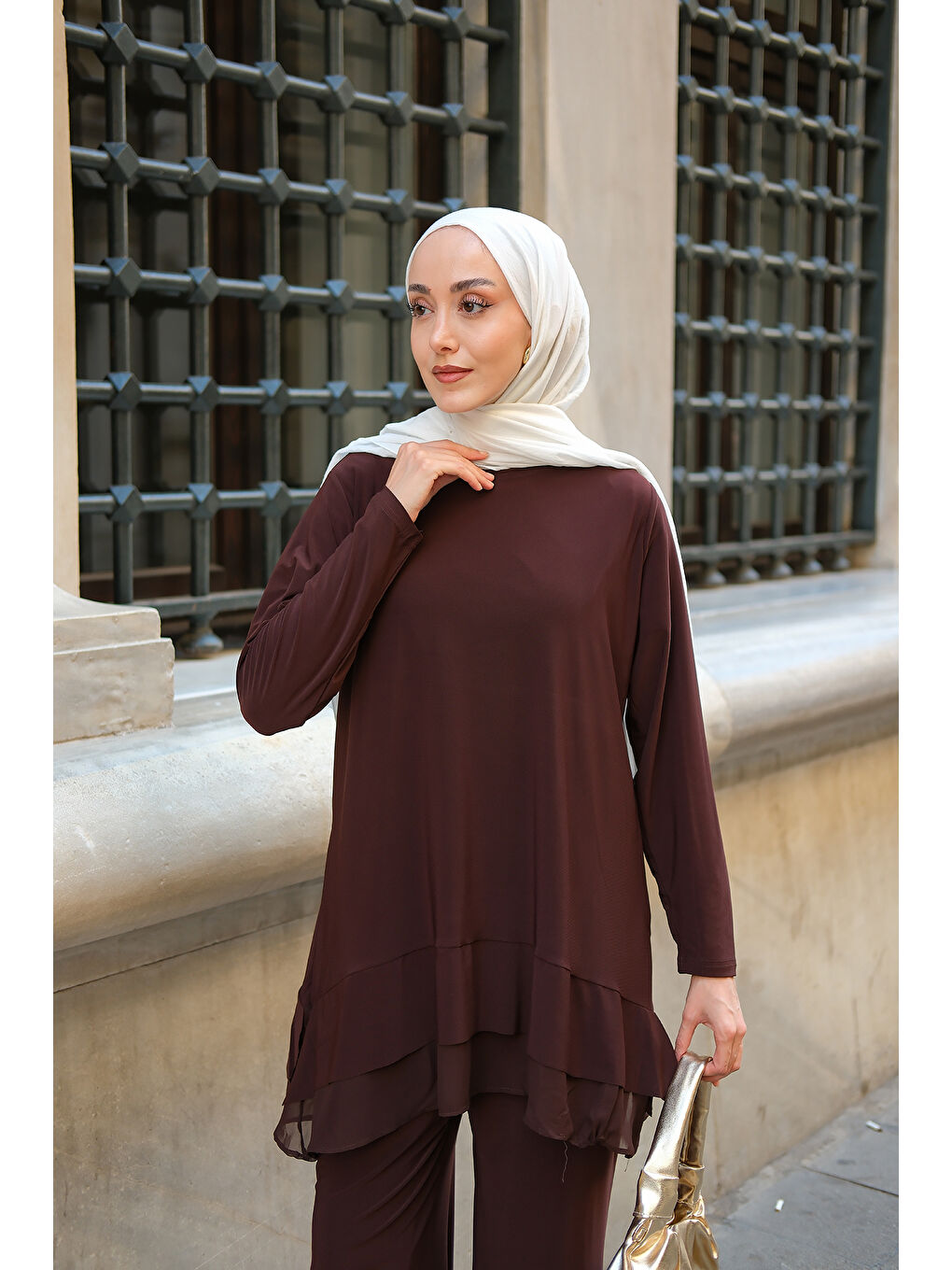 Kadın Tül Detay İkili Takım Kahverengi-1